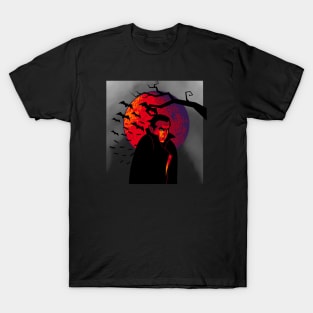 Retro Dracula with Red Moon - Retro Halloween T-Shirt